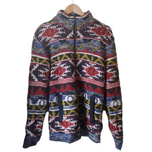 21 Men Maroon Knit Sweater Full Zip Long Sleeve Mock Neck Geometric Cottage Core